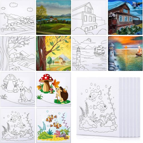 1 Meanplan 12 Pcs Christmas Pre Drawn Canvas for Painting for Adults 4 x 4 Inch Pre Printed Stretched Canvas with Picture to Paint DIY Outline for Party Favor Beginner Art Gifts(Village and Sea Style)