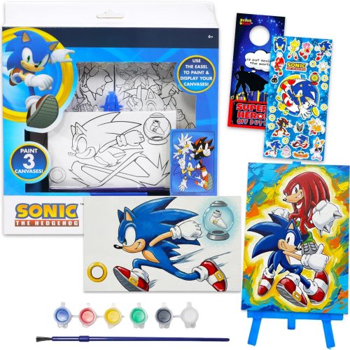 1 Sonic The Hedgehog Painting Set - Bundle of Art Supplies with 3 Canvases, Easel, Paint Plus Stickers, More Arts and Crafts Pack
