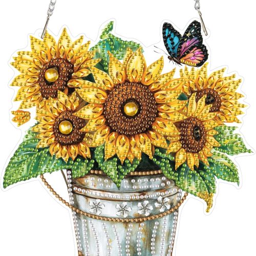 1 RICUVED Hanging Diamond Art Painting Kit Sunflower, Special Shaped Crystal Gem Craft Bucket Flowers Diamond Painting Pendant Kit for Adults, DIY Hanging Diamond Art Ornament Kit for Home Garden Decor