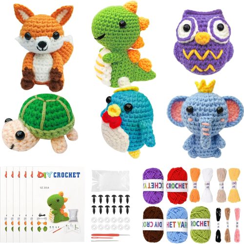 1 BOLDNOVA 6PCS Crochet Kit for Beginners, Knitting Kit with Step-by-Step Video Tutorials, Beginner Crochet Kit for Adults, Crochet Animal Kit for Beginners Kids, Complete Kit Included 6 Cute Animals (P