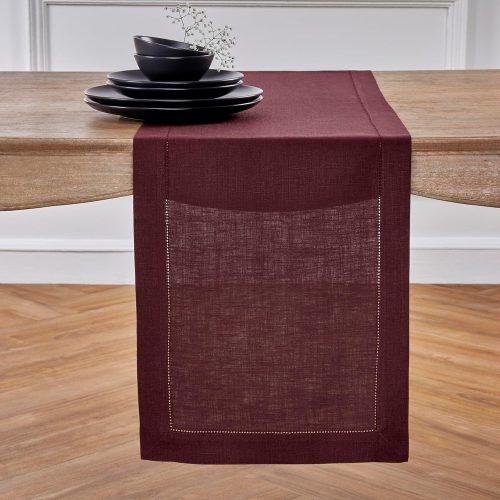 1 Solino Home Linen Burgundy Table Runner 72 Inches Long - 100% Pure Linen Hemstitch Table Runner 14 x 72 Inch for Dresser, Dining, Fall, Autumn, Winter, Thanksgiving, Christmas - Classic Hemstitch