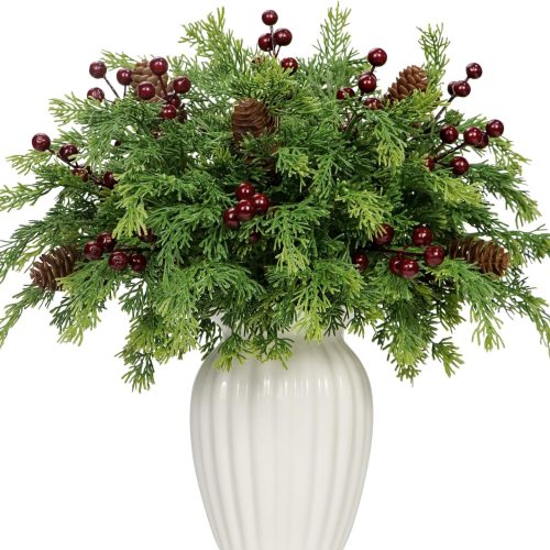 1 45 Pcs Artificial Pine Branch Berry Pinecones Set - 13'' Fake Christmas Greenery Twigs Plastic Pine Cones Picks Burgundy Berries Stems for Vase DIY Craft Xmas Garland Home Decor (45, Red Berry)