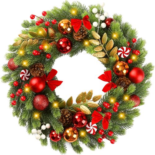 1 Sggvecsy 17 Inch Artificial Christmas Wreath for Front Door with 20 LED Lights Pine Needles Christmas Balls Red White Berries Pine Cones Bows Decoration for Winter Outdoor Wall Home Holiday Xmas Decor