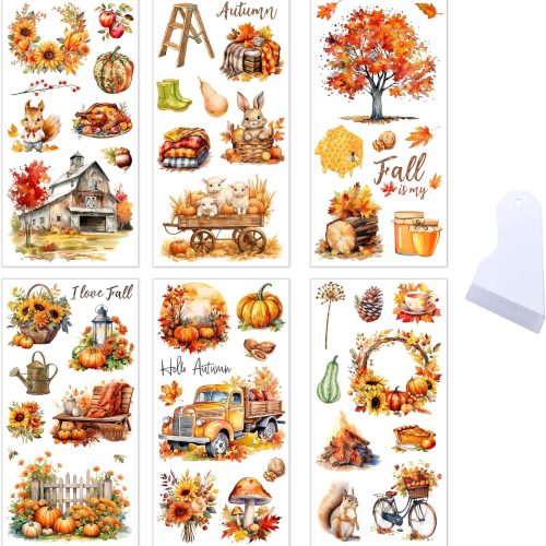 1 6 Sheets Fall Rub on Transfers for Craft Furniture, 6 x 12 Inches Vintage Autumn Rub on Transfer Stickers, Leaf Pumpkin Sunflower Thanksgiving Furniture Decals for Glass Wood Scrapbooking Home Decor