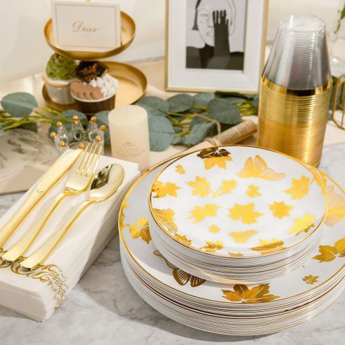 1 175PCS White and Gold Plastic Dinnerware Set for 25 Guests,Maple Leaf Gold Disposable Plates for Party, Include 50 Plates, 25 Paper Napkins, 25 Cups, 25 Plastic Silverware Set