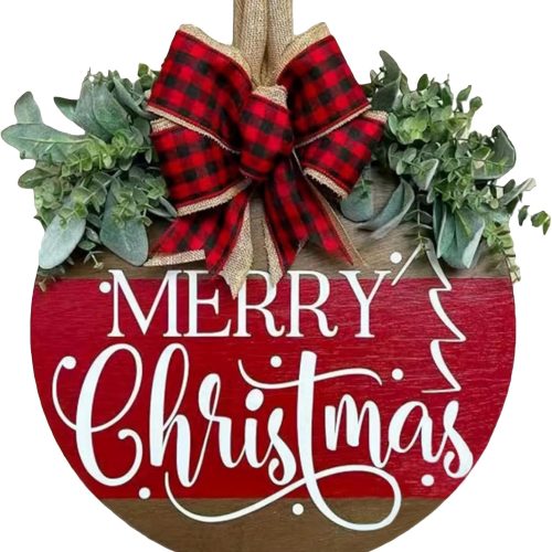 Merry Christmas Wreath Hanging Sign for Front Door, Wooden Welcome Wreaths Sign with Bow for Holiday Rustic Farmhouse Outdoor Wall Window Decor (Merry Christmas)