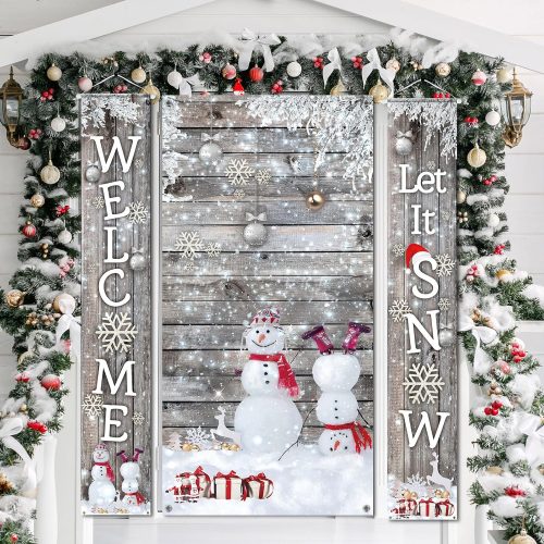 1 3 Pcs Snowman Door Decorations Winter Snowflakes Welcome Door Cover and Banners Set Christmas Cover Decor Winter Wonderland Porch Banner for Outdoor Indoor Holiday Party Decor