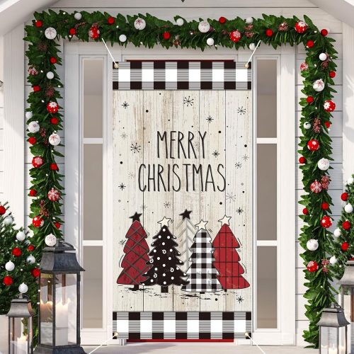 1 Buryeah Merry Christmas Door Cover Christmas Tree Door Decorations Xmas Photography Background Banner Porch Sign for Winter Front Outdoor Farmhouse Holiday Party Supplies 70.9 x 35.4''