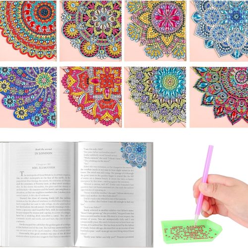 1 8 Pcs Diamond Art Bookmarks Kit for Adults, DIY Leather Diamond Painting Corner Bookmarks Kits for Book Lovers, Small Mini Diamond Art Projects Kits for Adults Women(Mandala)
