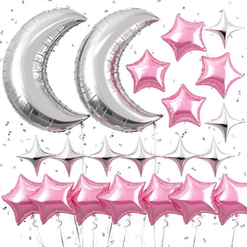 1 Pink Silver Moon Star Balloons 44pcs,Four Pointed Star Balloon Round Foil Balloon for Boy Girl Baby Shower Birthday Decoration