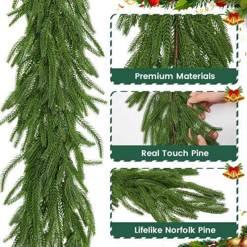 1 8.8FT Pre-lit Artificial Christmas Garland with Pine Cones,Realistic Cedar Garland Artificial Pine Cypress Vines,Greenery Garland for Xmas Table Mantle Room Indoor Background Wall Decoration