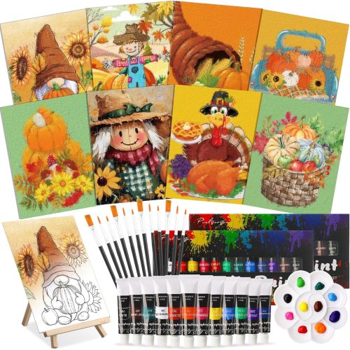 1 Cholemy 36 Pcs Paint and Sip Kit for Adults 8''x10'' Pre Drawn Canvas for Painting DIY Afro Acrylic Painting Kit Wood Easel Brushes Date Night Bulk for Christmas Party Gifts(Fall Scarecrow)