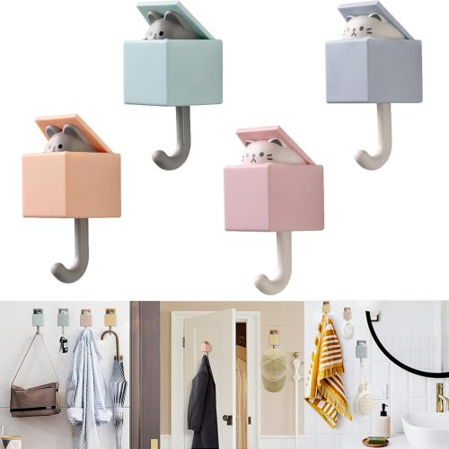 1 4Pcs Creative Adhesive Wall Hook for Wall and Door,Utility Heavy Duty Coat Hooks Wall Mount for Coat, Scarf, Hat, Towel,Robes,Key, Bag,Cute Pet Cat Hook,Kawaii Room Decorative Wall Hooks