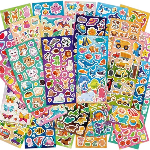 1 36 Sheets Stickers for Kids, 800+ Stickers for Scrapbooking Including Animals, Fruits, Dinosaurs, Hearts, Cats, Fish, Cars, Space and More, Party Favors for Kids