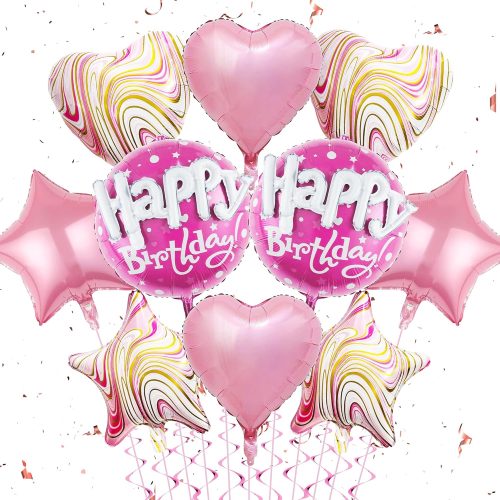 1 Happy Birthday Decorations - Pink Balloons Pack Of 10 Foil Helium Mylar Agate Star Heart Shaped Balloons For Princess Girl Birthday Baby Shower