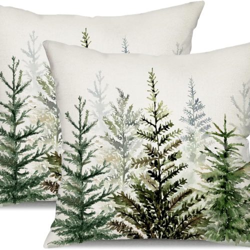 1 DFXSZ Christmas Pillow Covers 18x18 inch Set of 2 Watercolor Blue Green Christmas Tree Rustic Style Nature Forest Print Decorative Throw Pillows Winter Xmas Decor TH-32B18