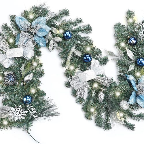 1 6 Ft LED Prelit Christmas Pine Garland Lighted Greenery Pine Garland with Balls, Indoor Outdoor Christmas Decorations for Mantel Staircase Banister Fireplace Table(Green,Typical)