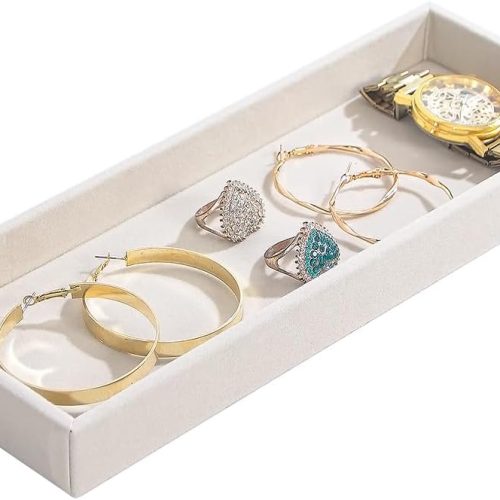 1 Divided Drawer Organizer Tray, Velvet Jewelry Storage Tray, Necklace Bracelet Ring Earring Display Tray,Bedside Nightstand Desk Holder Tray for Phone Watch Sunglasses Cosmetics Storage/Beige/1grid