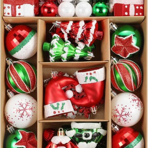 1 Christmas Ball Ornaments Set, 50 ct Red Green White Assorted Xmas Elements Theme Ornaments, Shatterproof Decorative Hanging Ball Ornaments for Holidays Party Wedding Christmas Tree Decoration