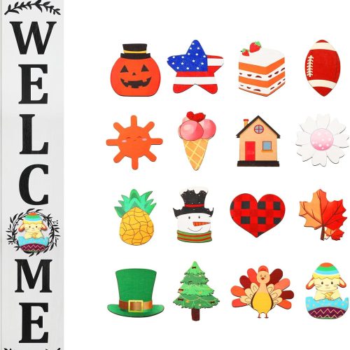 Interchangeable Welcome Sign for Front Porch Standing 47''x8'' Large Hanging Wooden Frame Sign with 16 Pcs Replaceable Icons Vertical Tall Outside Welcome Decoration for Carnival Wall(White Backing)