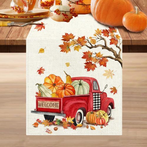 Tree Fall Runner for Table, Fall Leaves Table Runner 13 x 48, Autumn Pumpkin Red Truck Runners for Home Kitchen Dining Decoration