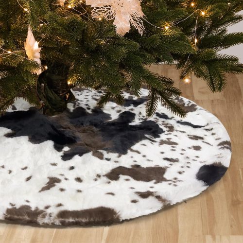Christmas Tree Skirt 30 inch Cows Print Tree Skirts White and Black Faux Fur for Holiday Party Decoration