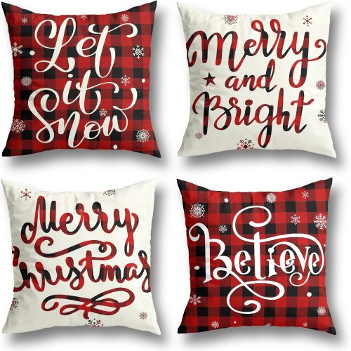 1 Christmas Decorations Christmas Pillow Covers 16x16 Inches Set of 4 Farmhouse Buffalo Plaid Black and Red Throw Pillow Case Winter Holiday Christmas Decor Home Sofa Couch Cushion Indoor Decorations