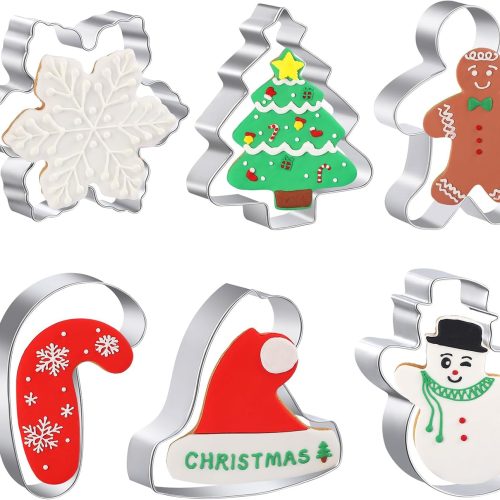 1 Large Christmas Cookie Cutters - 6 Pcs 4 Inch Holiday Cookie Cutter - Christmas Tree, Santa Hat, Snowflake, Gingerbread Men, Snowman and Candy Cane Shapes Cookie Molds for Winter Holiday DIY Baking