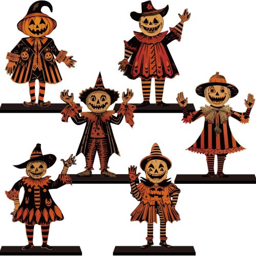 6pcs Vintage Halloween Decor for Home Wood Table Centerpieces 6.3x4.2inch Horror Spooky Scarecrow Pattern Vintage Halloween Decorations Party Table Centerpieces