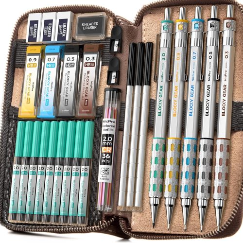 Nicpro Blocky Gear Metal Mechanical Pencil Set in Leather Case, 29PCS Art Drafting Pencils 0.3, 0.5, 0.7, 0.9&2mm Lead Pencil with 330PCS Lead (HB 2H 4H 2B 4B 6B Color) For Writing Sketching Drawing
