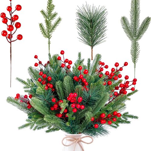 Sggvecsy 60 Pcs Artificial Pine Branches Fake Greenery Pine Picks Artificial Red Berry Stems Christmas Pine Needles for DIY Christmas Garland Wreath Xmas Embellishing Flower Arrangements Decoration