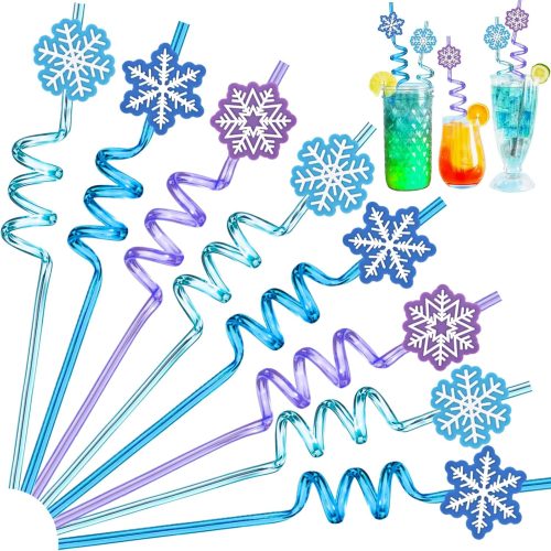 Frozen Party Favors for Kids, 24Pcs Snowflake Straws Drinking Plastic Reusable Straws Bulk & Detachable Topper, Summer Pool Beach Winter Christmas Pinata Filler Frozen Birthday Party Supplies