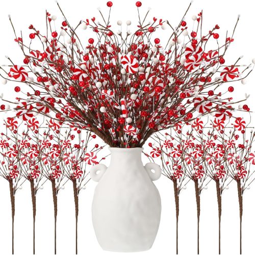 8 Pcs Christmas Candy Cane Decoration Xmas Tree Picks Ornaments, Red White Curly Pick and Spray with Artificial Berries Stem for Home Vase Filler Table Centerpiece Craft Xmas Tree Topper