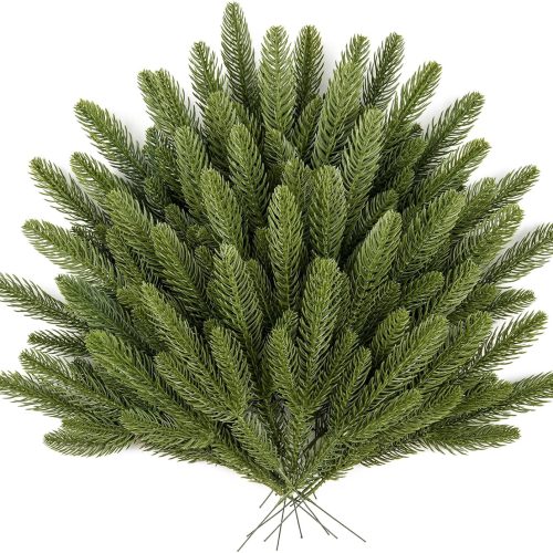 HOHOTIME 50 Pcs Artificial Pine Stems, Christmas Tree Pine Picks, Faux Greenery Stems Branches for Vase, Fake Pine Stems Decoration, Faux Pine Sprigs for Garland Wreath Tree Home DIY Xmas Decor