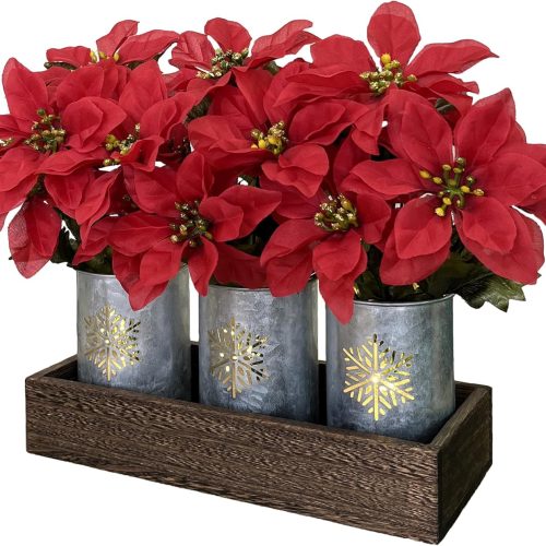 Poinsettias Artificial Christmas Flowers with LED Lights, Red Xmas Table Centerpiece in Pots and Wood Box for Decoration