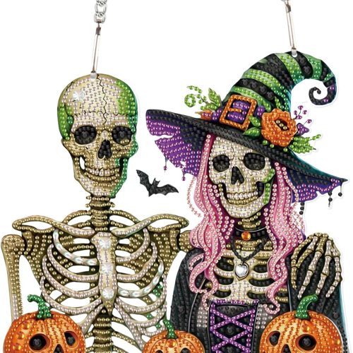 1 Diamond Art Painting Pendant 5D Diamond Art Hanging Kit Halloween Skull Pumpkin DIY Crystal Window Door Pendant for Adults Gift Wall Home Halloween Decoration (24.1x23.1 cm)