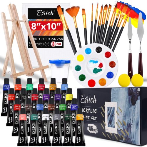 Acrylic Paint Set,46 Piece Professional Painting Supplies with Paint Brushes, Acrylic Paints, Easel, Canvases, Palette, Paint Knives, Brush Cup and Art Sponges for Hobbyists and Beginners
