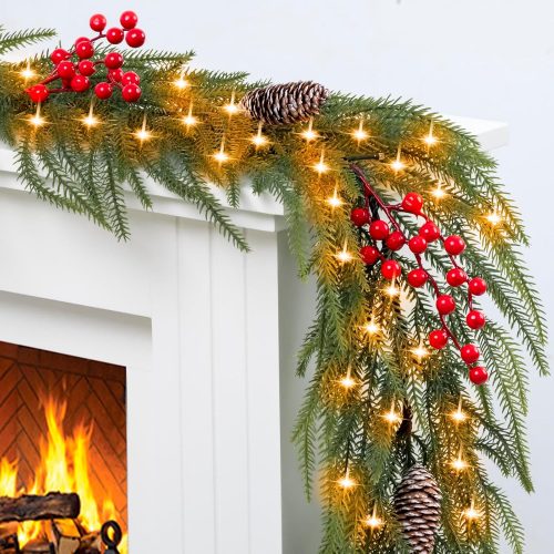 Christmas Garland with Light - Christmas Decorations - 6Ft Prelit Garland with Battery Operated Timer,Lighted Realistic Greenery Home Decor for Mantle Fireplace Table,Xmas Decorations Indoor Outdoor