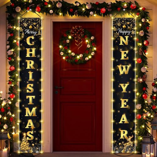 Irenare Lighted Christmas Banner Decorations with LED Light Merry Christmas Front Porch Sign Snowman Gnome Hanging Door Banner for Winter Xmas Holiday Party Outdoor Decor(Cool)