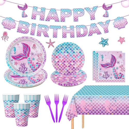 122Pcs Mermaid Birthday Party Decorations Set Mermaid Party Supplies Includes Plates, Napkin, Fork, Cup, Tablecloth, Banner for Baby Shower Ocean Birthday Party Decorations, Serves 24