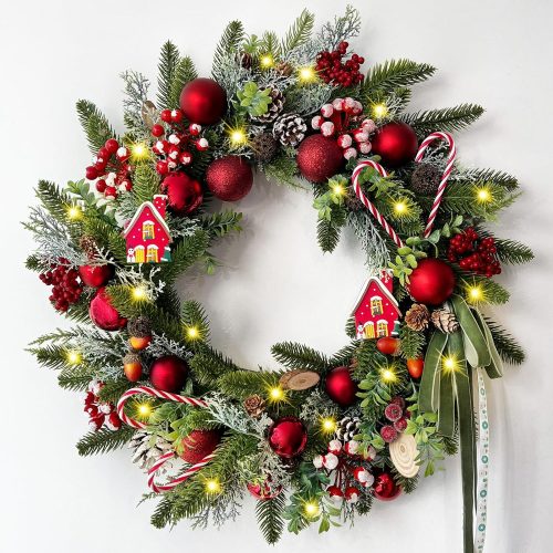 20" Christmas Wreaths for Front Door, Christmas Wreath with Candy Canes Christmas Ball Ornaments, Lifelike Pine Cones Berries & Bow, Christmas Door Wreath for Indoor Outdoor Wall Decor