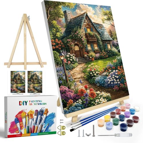 Paint by Numbers Kit for Adults with Frame, Landscape Paint by Number Canvas, House Flowers Paint by Number with Easel, DIY Acrylic Oil Painting Kit for Home Wall Decor 8 x 12 Inch
