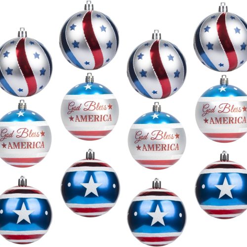 Large Patriotic Ball Ornaments 12pcs American Flag Decorations for Veterans Day Christmas Decor Bonus 6pcs United States Flag