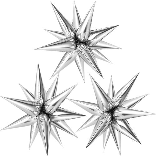 1 36 Pcs Silver Star Balloons Explosion 12 Point Foil Cone Balloons Spike Mylar Balloon Large for Wedding, Anniversary, Backdrop, Birthday Party Decorations