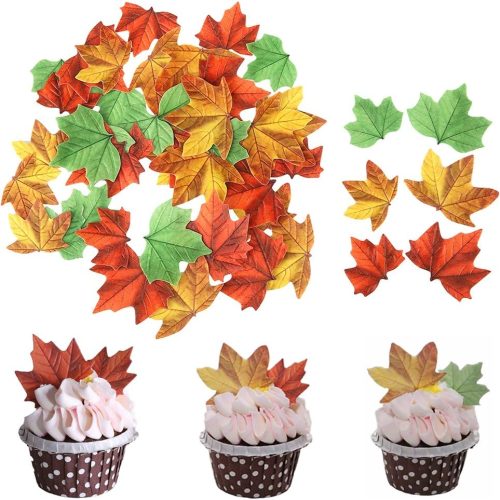 1 Set of 48 Edible Fall Leaves Cake Decorations, Cupcake Topper 3 Colors