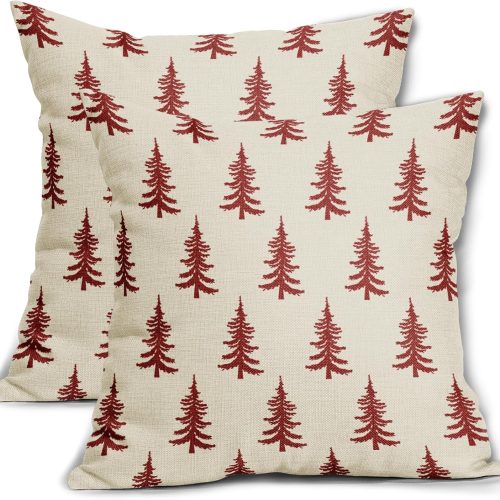 1 Christmas Tree Pillow Covers 18x18 Set of 2 Red Xmas Rustic Style Winter Print Decorative Outdoor Pillowcases Farmhouse Vintage Holiday Decorations Throw Cushion Case Decor for Couch Sofa Bed