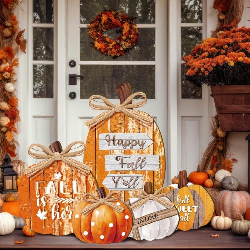 1 5 Pcs Fall Decorations for Home Fall Large Outdoor Wood Pumpkin Porch Sign Thanksgiving Yard Decor Welcome Pumpkin Standing Sign for Home Front Door Kitchen Yard Garden
