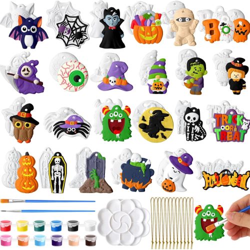 1 24 Sets Halloween DIY Painting Kits Paint Your Own Ceramics Pumpkin Ghost Unpainted Plaster Statues Arts and Crafts with Brush, Lanyard for Kids Halloween Gifts Party Decor (Classic)