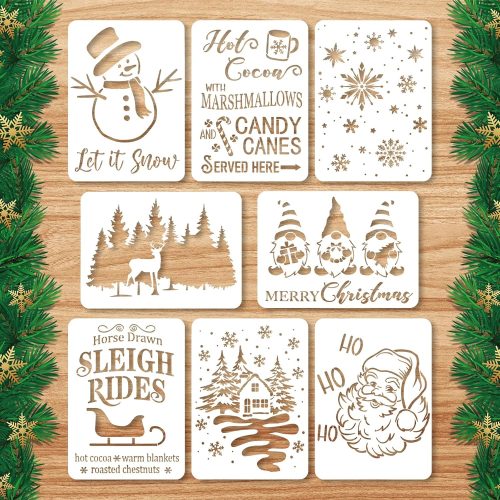 1 8pcs Reusable Christmas Stencils, 11x8in Large Merry Christmas Stencils Xmas Tree Snowflake Snowmen Santa Sleighs Winter Holiday Templates for Painting on Wood Drawing Walls Canvas Fabric Crafts