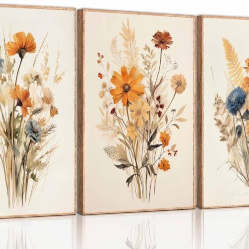 1 3Pcs Vintage Wildflower Canvas Wall art Country Farmhouse Watercolor Flower Botanical Painting Pictures Wall Decor Floral Poster Print Artwork for Bedroom Living Room Girls Room Decoration Unframed